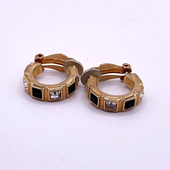 Swarovski Vintage Clip On Earrings Hoops with Black and White Crystals 1” - Picture 4 of 7